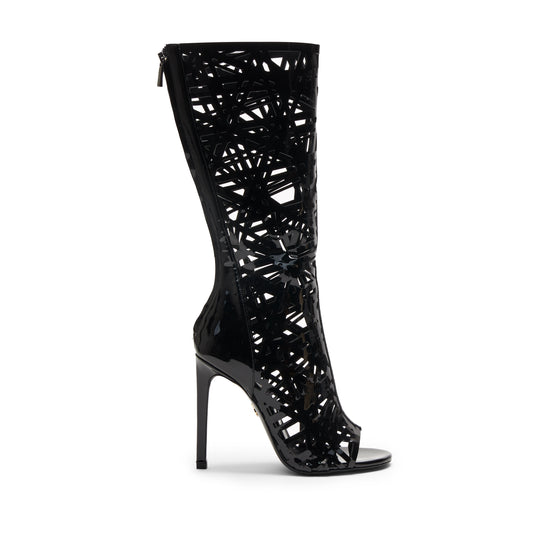 Elara Sandal - Black patent leather with intricate cutouts