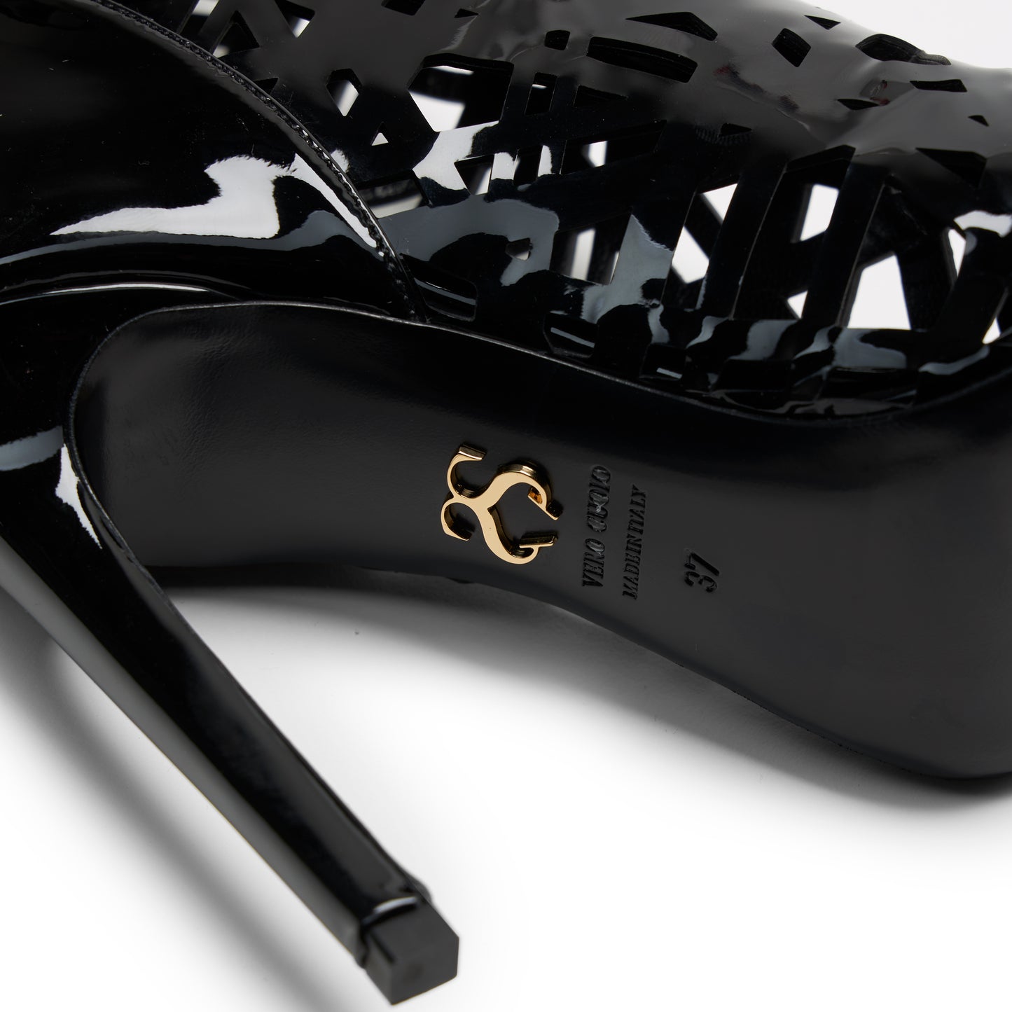 Elara Sandal - Black patent leather with intricate cutouts