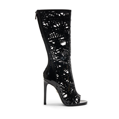 Elara Sandal - Black patent leather with intricate cutouts